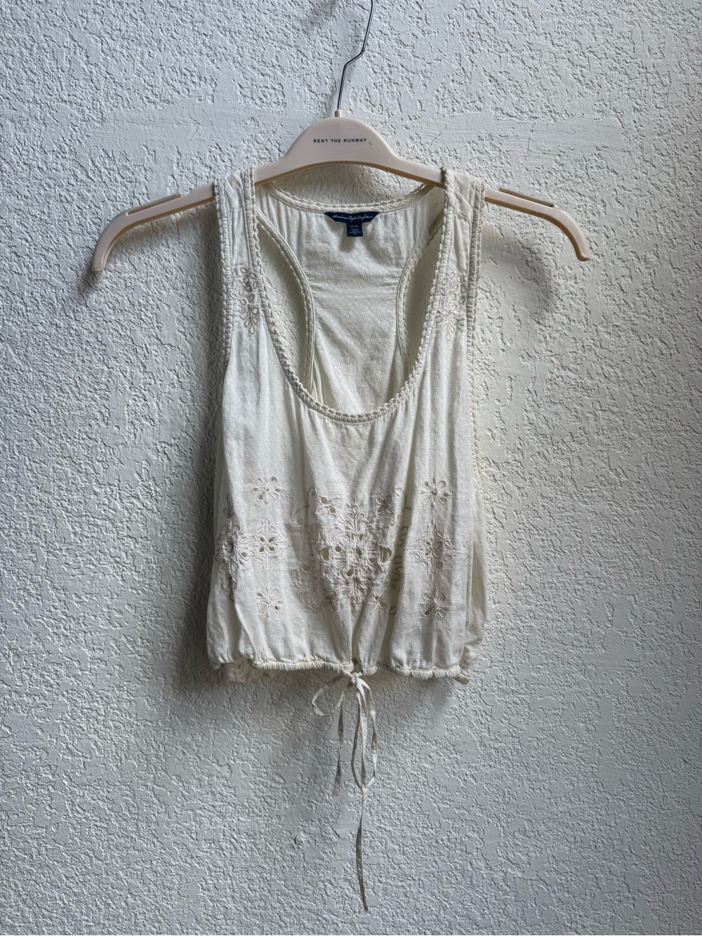 American Eagle Outfitters Cream Embroidered Drawstring Crop Tank